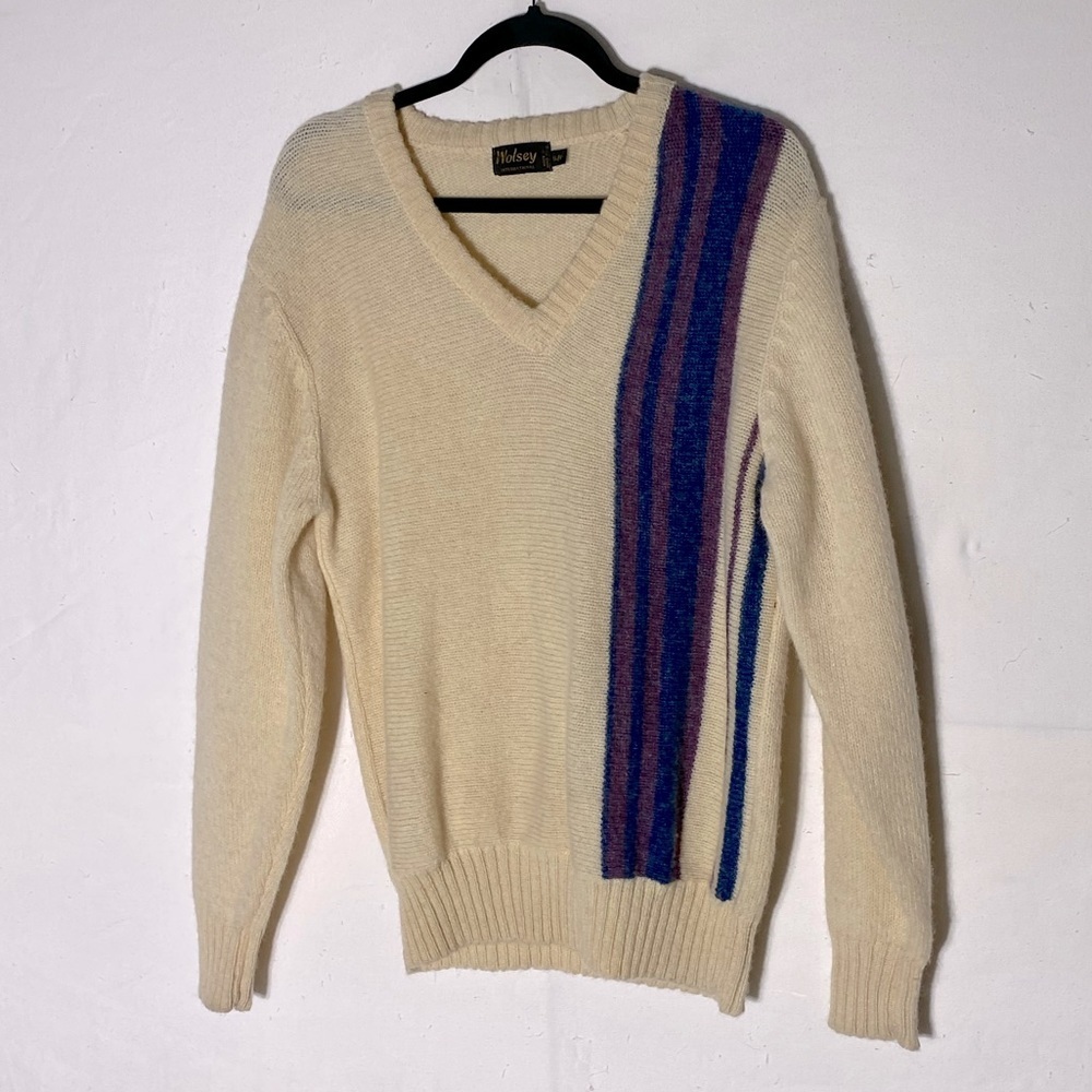 Vintage Wolsey Cream Purple Blue Wool Knit Pullover V Neck Sweater S Academia